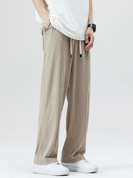 

men s pants 2023 summer cool sweatpants men straight casual korean fashion semi wide banded waist vertical loose thin trousers 230718, Black