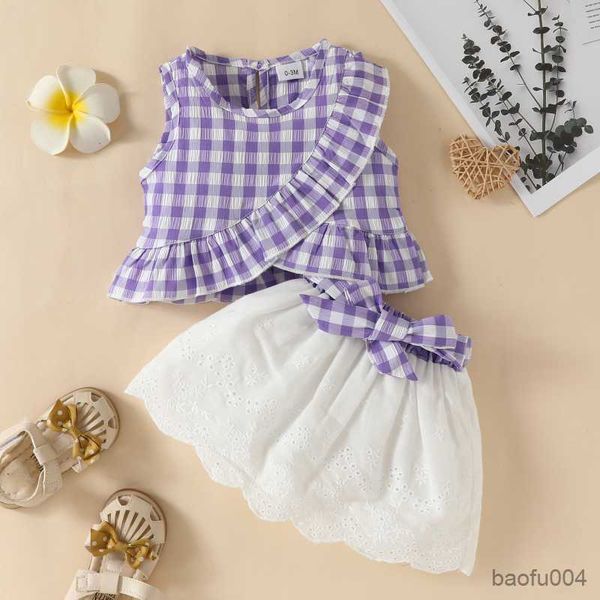 

clothing sets 0-3y baby girl clothes outfits summer sleeveless irregular plaid t-shirts+lace skirts set kids toddler girl clothing r230718, White