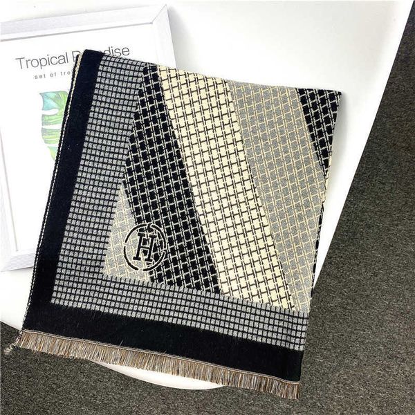 

autumn and winter new thickened warm cashmere like scarf korean double-sided h letter air conditioning shawl scar female, Blue;gray