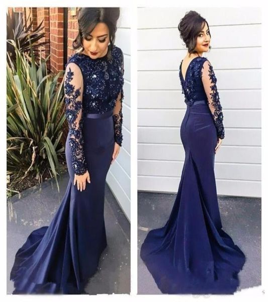 

elegant navy blue mermaid beaded evening dresses with long sleeves jewel neck lace appliqued prom gowns satin plus size formal dre1642633, Black;red