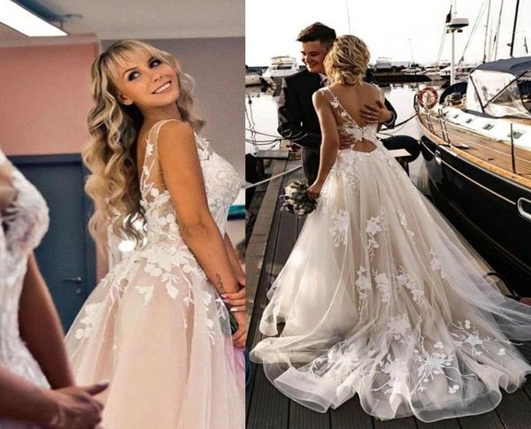

vestidos lace tulle bohemain wedding dresses 2023 open back sheer straps a line v neck summber beach garden bridal gowns bc108266068, White