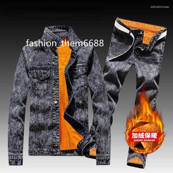 

men's tracksuits men's tracksuits winter men fleece lining thick warm denim two piece set slim fit cowbody jacket jeans suit safar, Gray