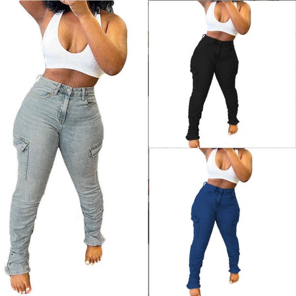 

womens jeans side pocket women stacked high waist bodycon designer denim jean stretch slip hem denim boyfriend trousers pants wholesale, Blue