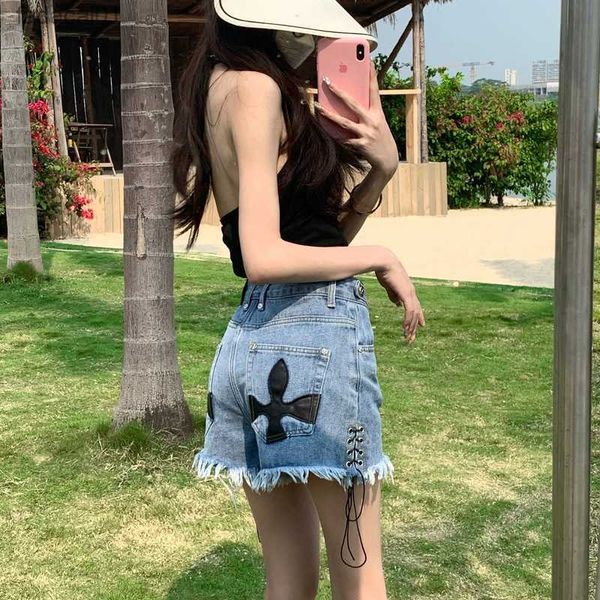 

s5xl summer denim shorts women fashion design high waist casual tassel bandage jeans female streetwear women clothing y2k l230621, White;black