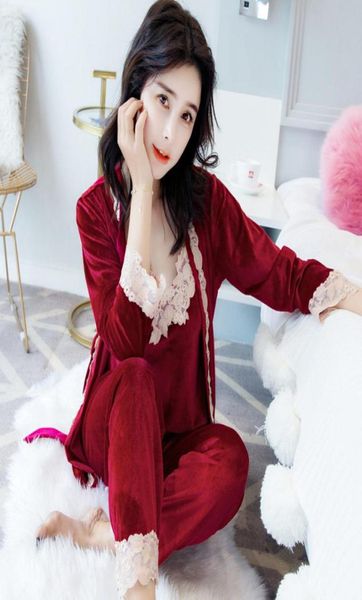 

korean edition pajamas female winter long sleeves suit velvet three piece set v collar kimono el robe home furnishing clot2485874, Red;black