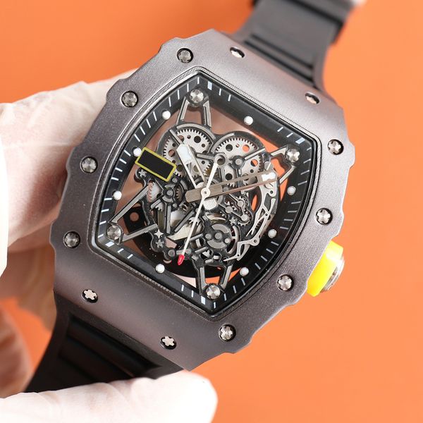 

4 styles luxury mens skelen watch black rubber strap hollow out watches full function eta automatic self-winding glide smooth second hand wr, Slivery;brown