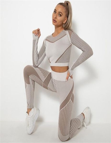 

workout clothes for women seamless hollow out yoga long sleeved suit fitness sleeve crop high waist leggings sport set 2202164990152