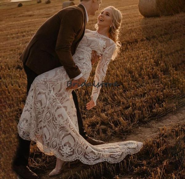 

romantic lace boho wedding dress 2022 elegant plus size long sleeve mermaid bohemian bridal dress civil country bride party gown v5533632, White