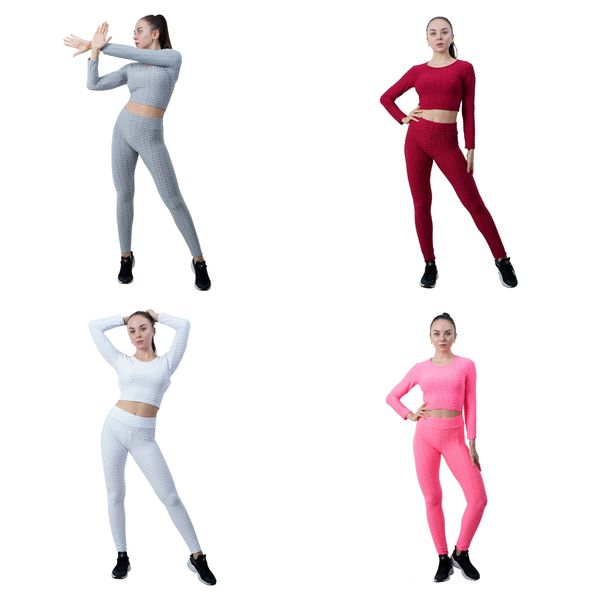 

new european and american yoga set women's bubble yoga running fitness suit high waist peach hip lift yoga suit, White;red