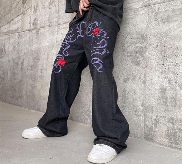 

men039s jeans 2022 fashion rose embroidery black baggy for men y2k pants straight hip hop harajuku denim trousers pantalones ho7688623, Blue