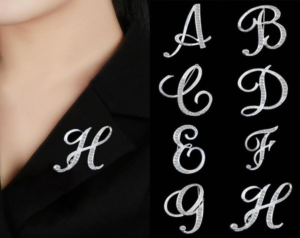 

silver brooch crystal 26 letters broochpins for women sweater scarf suit trendy charming female brooch fashion jewelry2568629, Gray
