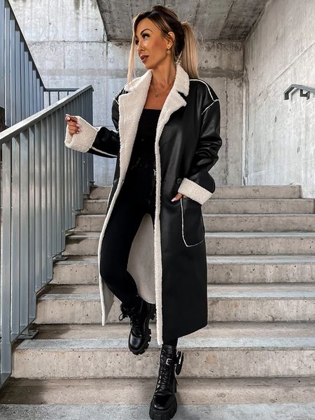 

women's jacket faux leather panelled lapel overcoat 2023 spring chic warm long sleeve loose female coats office lady elegant pocket coa, Black;brown