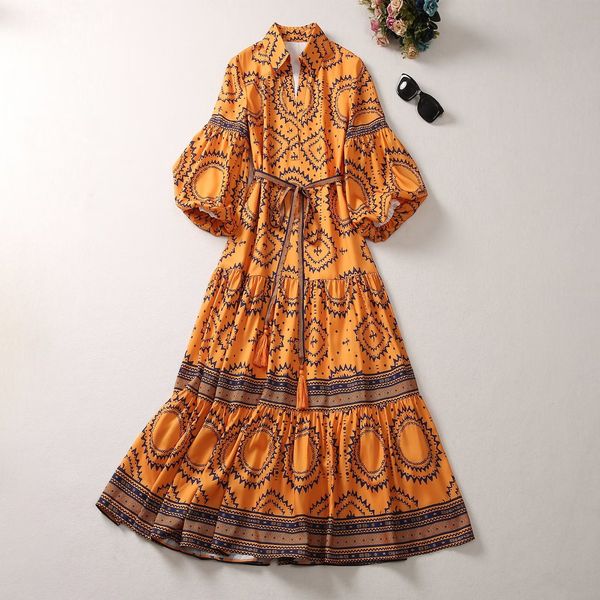 

european and american women's dress 2023 summer new style seven-quarter sleeve lapel fashion orange print pleated dress xxl, Black;gray