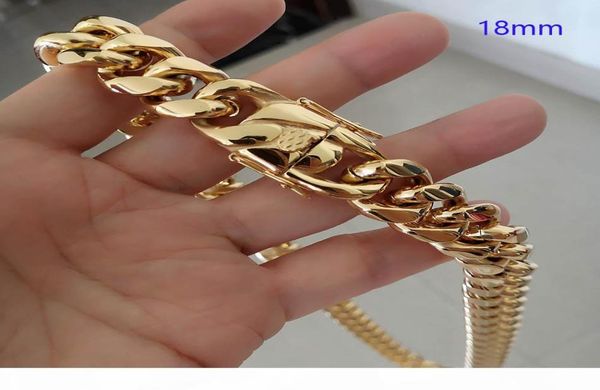 

16mm 18mm men hip hop cuban link necklaces bracelets 316l stainless steel choker jewelry high polished casting chains double safet5884940, Silver