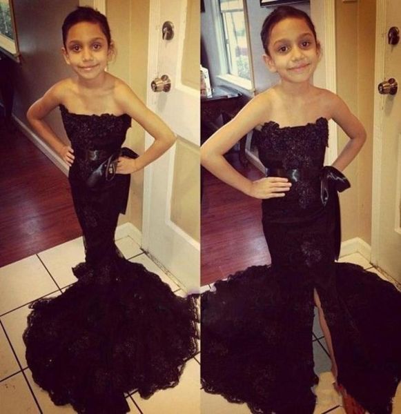 

black lace strapless girls pageant dresses with ribbon sashes mermaid front split flower girl dresses for wedding african kids for5841266, White;red