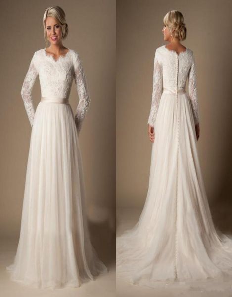 

2019 modest aline lace tulle temple wedding dresses long sleeves vneck sheer sleeves trains buttons back bridal gown plus size a8860301, White
