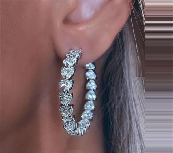 

30mm iced out sparking bling white pink cubic zirconia cz heart hoop earring lovely large huggie wedding jewelry for women 2202097239702, Golden;silver