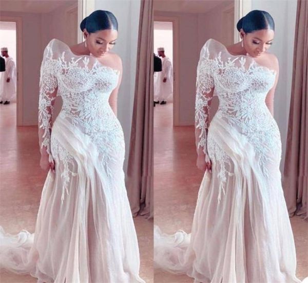 

real image plus size mermaid wedding dress one shoulder ruffles appliqued lace bridal dresses custom made gorgeous sweeptrain robe4893575, White