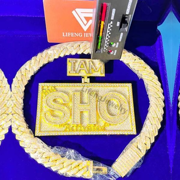 

ice out letter shape pendant round baguette moissanite diamond yellow gold plated pendant necklace hip-hop sets, Silver
