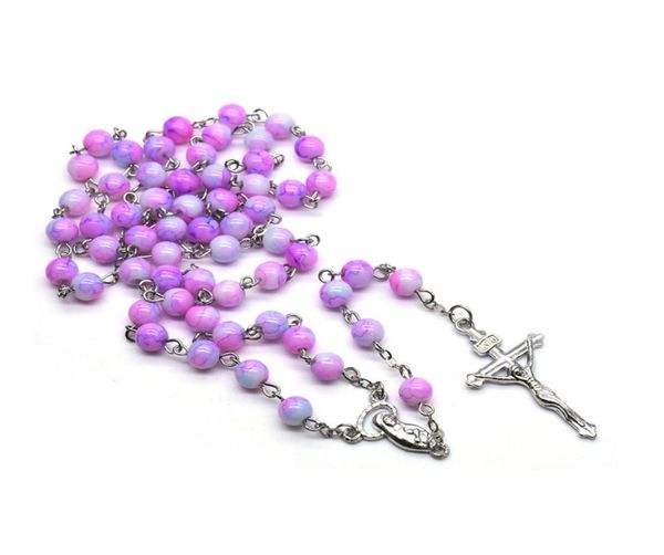 

gradient purple religious rosary round beads cross virgin mary fashion pendant necklace for women1250929, Silver