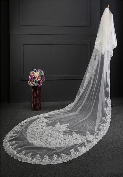 

2017 custom made wedding veil real picture stunning two layers white ivory 3 meter long lace applique tulle cathedral bridal veils5524394, Black