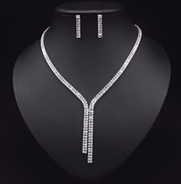 

2021 cubic zirconia long necklace earrings sets for brides wedding jewelry accessories jolleria mujer de oro for women9202208, Silver