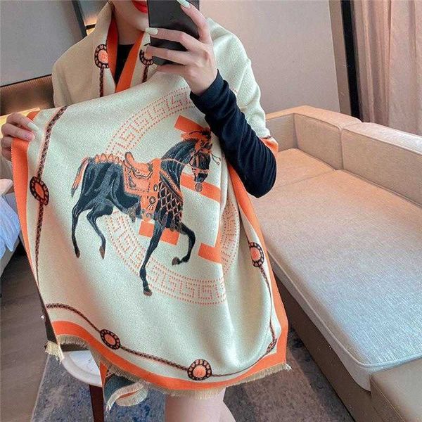 

new scarf big h-horse women's warm in winter long thickened carriage ins live broadcast, Blue;gray