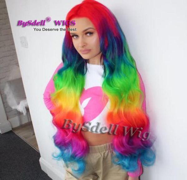 

long 40inches mermaid color front lace wig synthetic rainbow color hair lace front wigs red blue ombre yellow green color loose cu3832451, Black