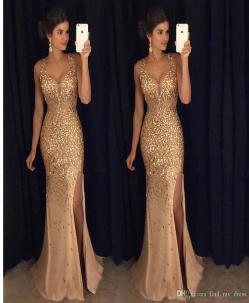 

champagne tulle formal evening gowns new prom dresses gorgeous sparkly side split crystal bling bling vestidos handmade rhine3195707, Black