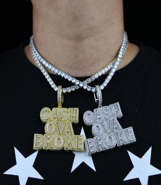 

chains 2021 hiphop iced out bling zircon letter cash ova broke charm gold plated pendant necklace for men boy rock tennis chain je7914971, Silver