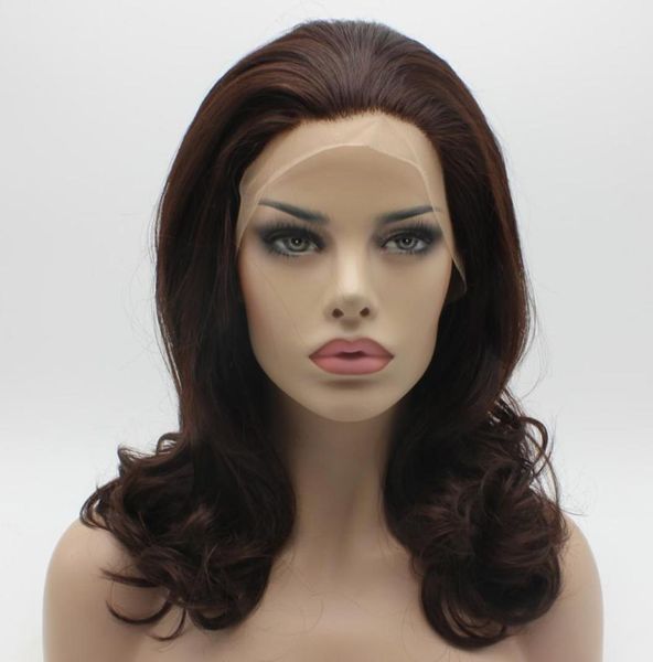 

iwona hair wavy shoulder length dark auburn wig 1933 half hand tied heat resistant synthetic lace front wig7712989, Black