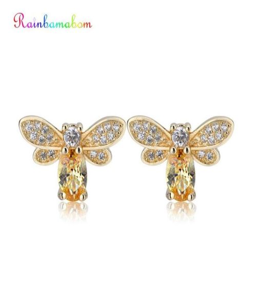 

rainbamabom vintage 925 solid sterling silver citrine gemstone yellow gold bee earrings ear studs women fine jewelry whole22363688299918, Golden;silver