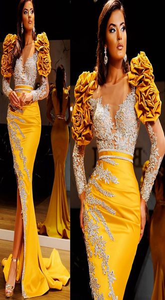 

2021 plus size arabic aso ebi yellow luxurious mermaid prom dresses lace crystals sheer neck evening formal party second reception8397464, Black