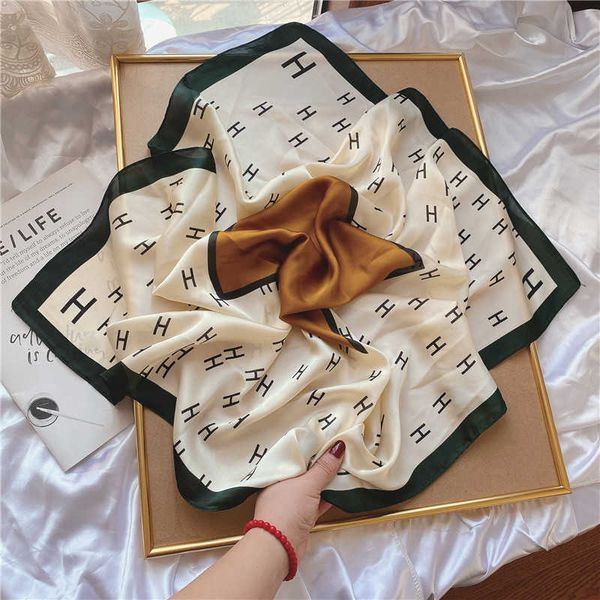 

silk female versatile matching shirt binding bag thin letter h french net red spring and autumn small square scarf, Blue;gray
