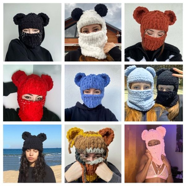 

beanie/skull caps women winter balaclava hats halloween party bear ears creative knit hat man warm outdoor full face mask ski mask 230807, Blue;gray