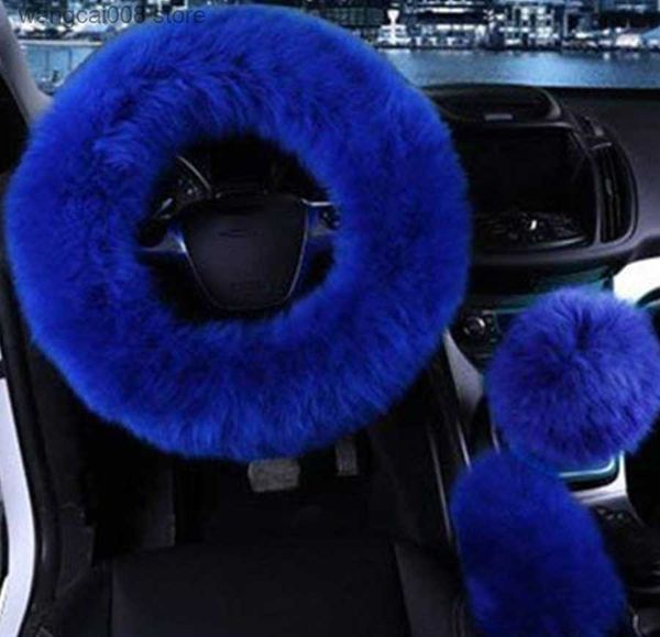 

steering wheel covers 3pcs/set artificial fur car auto long plush warm steering wheel handbrake cover blue t230717