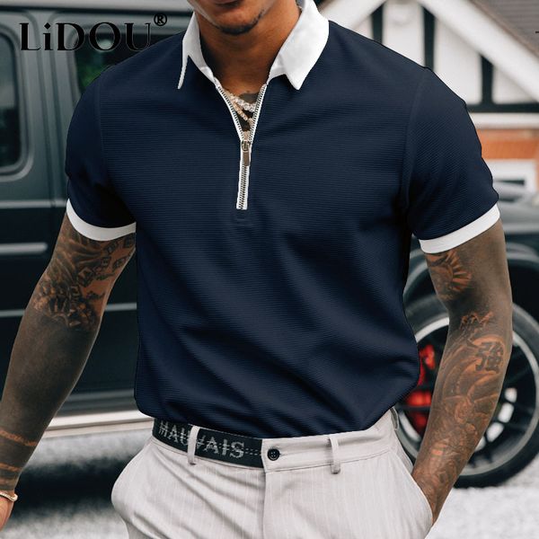 

men's polos summer solid color casual gentmen polo shirt short sleeve loose business t-shirts man zipper all match male fashion clothes, White;black