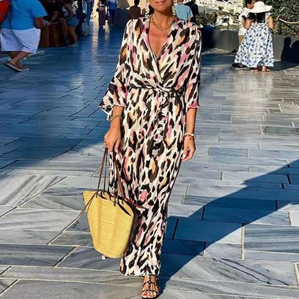 

urban dresses casual bohemian 3/4 sleeve waist long dress women waisted loose beach dress leopard print v-neck vocation dresses 230717, White;black