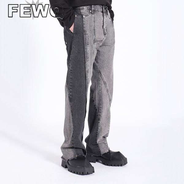 

men's jeans fewq curved split high street stitching color male straight denim pants burrs trousers 2023 spring 24b2093 230718, Blue