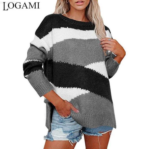 

women's sweaters logami women's irregular stripes color-block pullover sweater woman long sleeve o neck knitwear 2020 autumn winte, White;black
