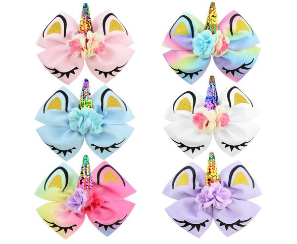 

girls kids bowknot flower hairpins grosgrain ribbon bows with alligator clips children unicorn hair accessories baby boutique bow 5737057, Slivery;white
