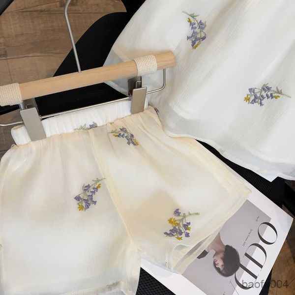 

clothing sets girls' suit summer new children's ice silk embroidery flower halter sleeveless shorts two-piece set kids clothes r23, White