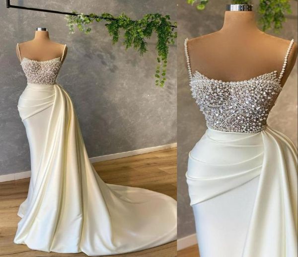 

2021 arabic mermaid white evening dresses wear spaghetti straps sleevelesss crystal beads pearls satin formal prom gowns part9674394, Black;red