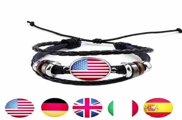 

world cup national flags charm leather bracelet bangles handmade football sport bracelet country flag fans rope beaded wristband5948703, Golden;silver
