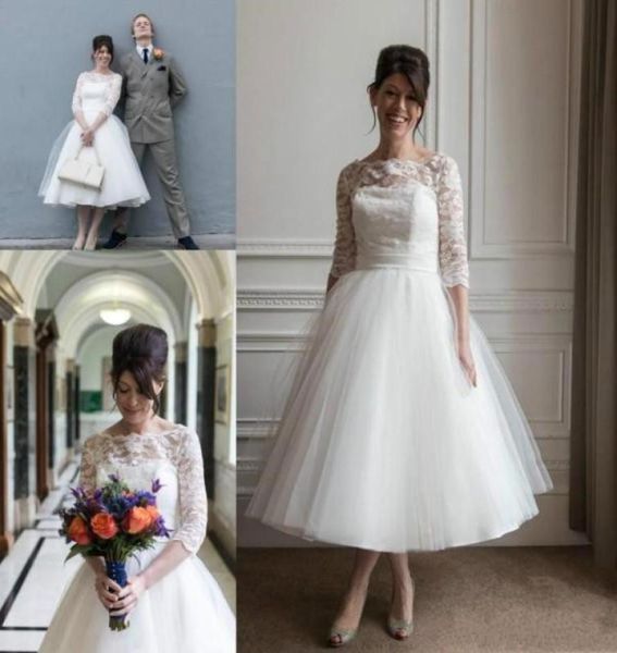 

34 long sleeves lace wedding dresses 2019 scoop neck zipper back tea length tulle a line bridal gowns4674796, White