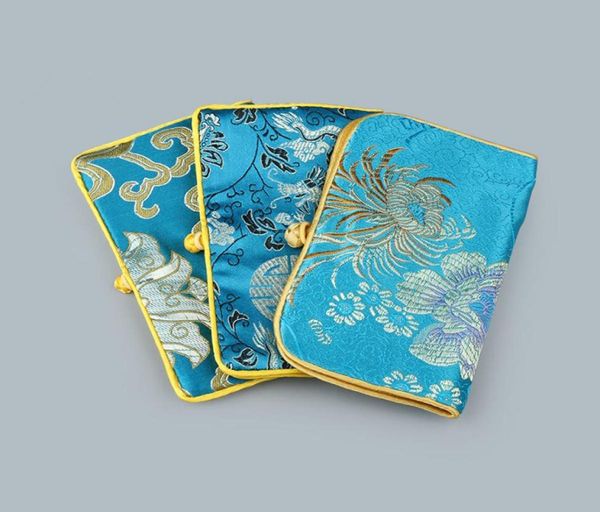 

luxury floral portable folding jewelry roll travel storage bag chinese style silk brocade 2 zipper packaging pouch9291319, Pink;blue