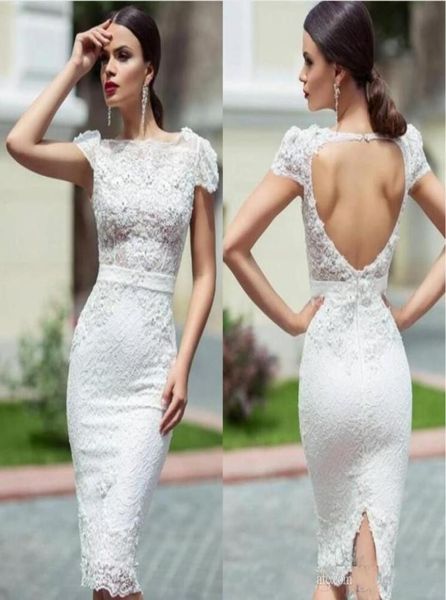 

unique lace wedding dresses with knee length sheath cap sleeves hollow back short garden wedding reception dress bridal gowns4998927, White