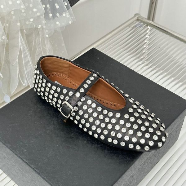 

2023 alaia shoes summer round toe rhinestone flat ballet shoes women brand leather rivet buckle strap loafers shoes causal walking shoes, Black