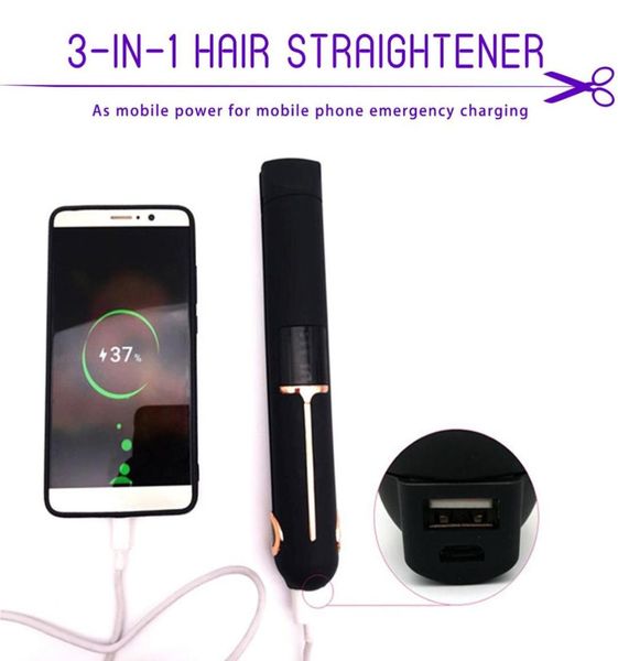

3in1 cordless hair straightener usb recharging curler fast heating 3d floating board led display hair flat iron power bank9305171, Black