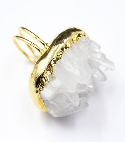 

guaiguai jewelry natural clear quartz druzy rough cluster dom shape gold color electroplated ring adjustable2080491, Golden;silver